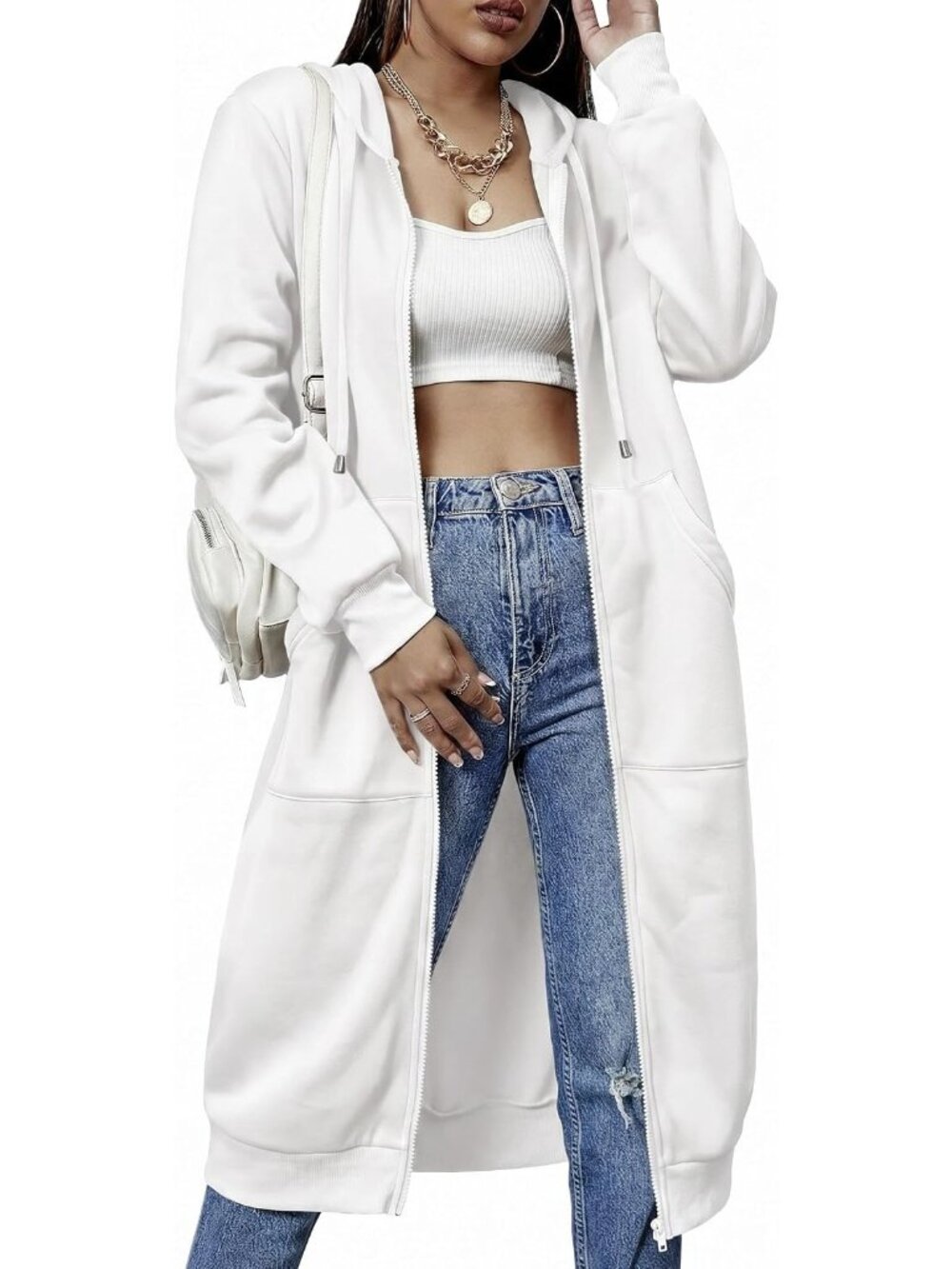 〽️Women's White Casual Zip Up Fleece Tunic Oversized Pocket Long Hoodie Jacket